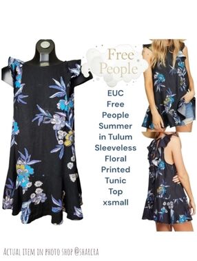 Free People Women's OB948223 Summer in Tulum Linen Black Blu Floral Print Top xs